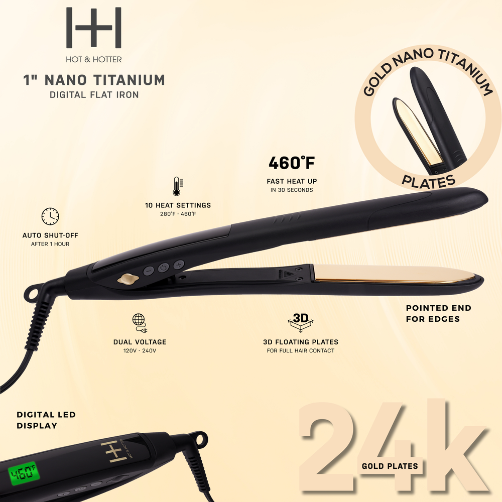 
                  
                    Cargar imagen en el visor de la galería, Hot &amp;amp; Hotter Digital Nano Titanium Flat Iron 1&amp;quot; with Gold Plates, Black
                  
                