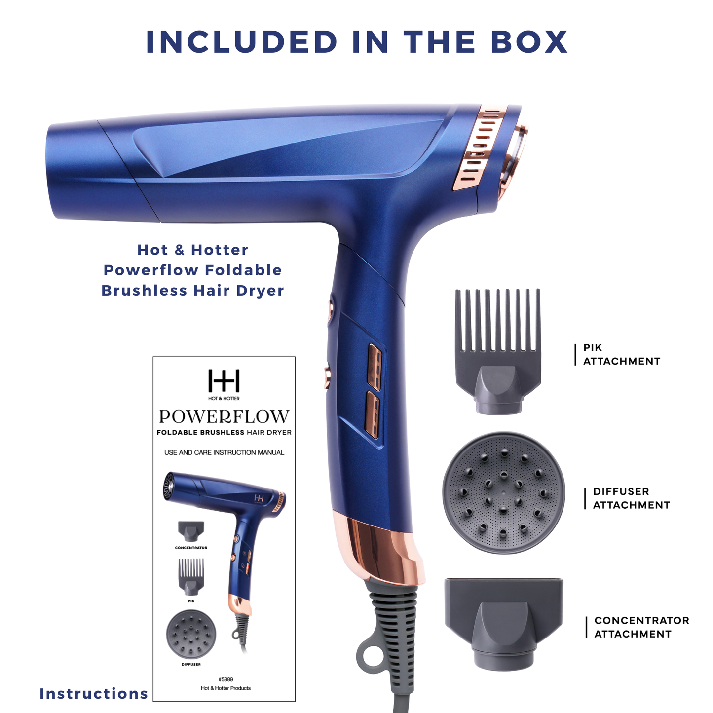 Hot & Hotter Powerflow Foldable Brushless Hair Dryer (Blue)