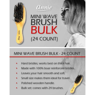 Annie Hard Mini Wave Brush Cerdas de jabalí y nailon, 24 unidades
